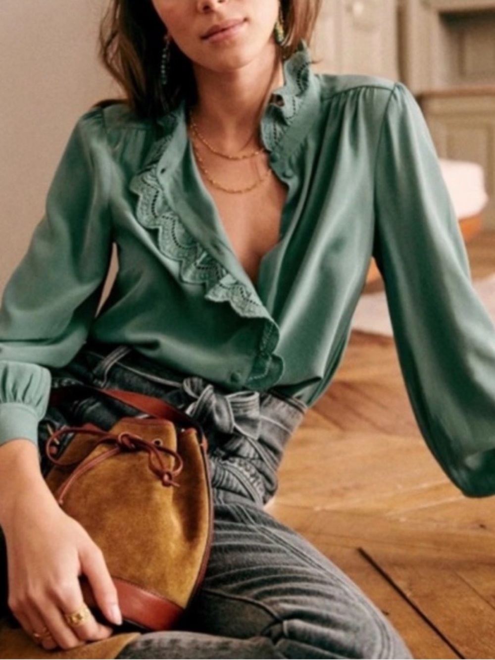 Sézane Chlo 100% Silk Blouse- Ruffled Collar, Lace, Green